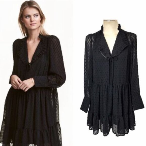 H&M Babydoll Dress SIZE 2 Black Sheer Swiss Dot Ruffle Collar Tie Neck T… - Picture 1 of 11